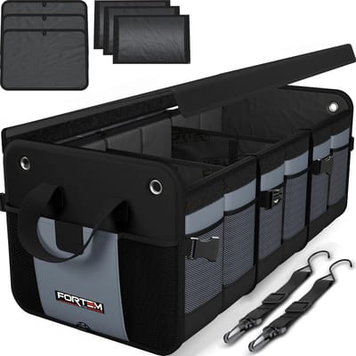 Auto Organizer voor Kofferbak, Vouwbare Organizer met Opbergvakken, Antislip Onderkant, Verstelbare Bevestigingsriemen, Vouwbaar Deksel (3 Compartimenten, Grijs)