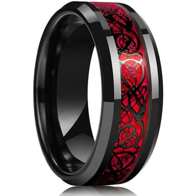 Bague de Mariage Celtique Dragon en Tungstène Noir 8 mm pour Homme Mode Incrustée Zircon Rouge Punk Acier Inoxydable Bague Fibre de Carbone Rouge pour Homme 12 black