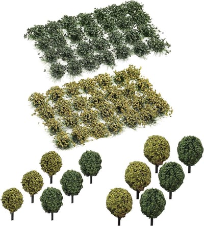 4-delige Static Grass Tufts Set voor Terrain Modellen - Resin Miniatuurbushes, Gras en Tweezers voor Spoorweglandschappen en Diorama's