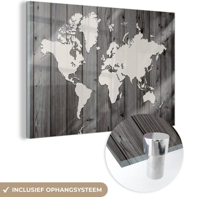 ® Glasschilderij 180x120 cm - Schilderij acrylglas - Wereldkaart - Hout - Zwart - Wit - Foto op glas - Muurdecoratie woonkamer - Wanddecoratie slaapkamer - Schilderijen