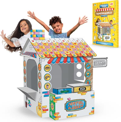 Speeltent Supermarkt - Winkeltje Speelgoed - Inclusief 6 Markers - Knutselen voor Kinderen vanaf 3 Jaar - Duurzaam Karton