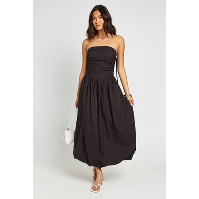 boohoo Dames Katoenen Poplin Gerimpelde Pofbal Midi Jurk | Zwart | Maat: 36