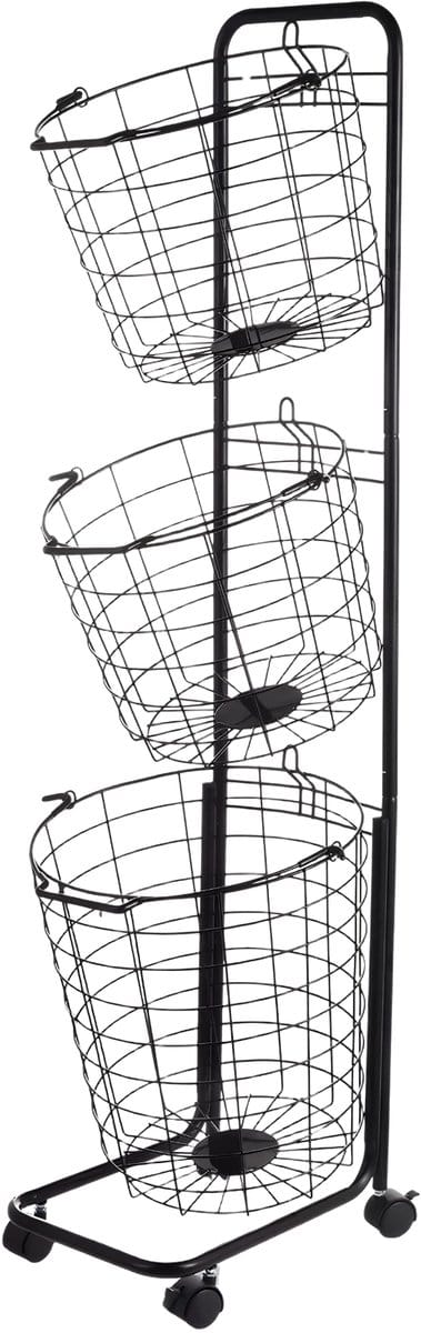 Wasmand 3-Laags op Wielen 122x31x25 cm - Wassorteerder voor Badkamer & Wasruimte