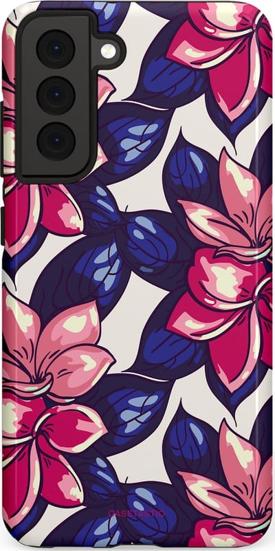 Casetastic hoesje geschikt voor Samsung Galaxy S21 FE 5G - Dubbellaagse bescherming - Tropen paradijs - Fashion Case - Donkerblauw Roze Koraal Lila