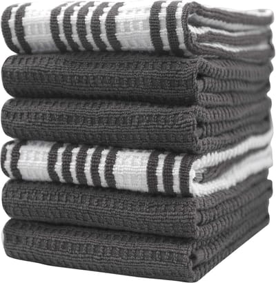 Grote Katoenen Theedoeken Set - 6 Absorberende Theedoeken met Hanglus - Gestreept Wafelgaren - 40 x 71 cm