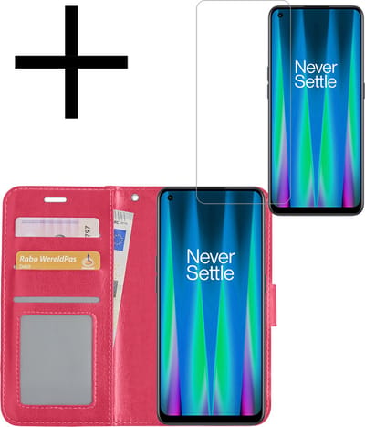 Hoesje - Met Screenprotector - Geschikt voor OnePlus Nord CE 2 - Luxe Pasjeshouder - Bookcase Portemonee - Flip Case - Kunstleer Book Case - Flipcase - Book Cover - Walletcase - Portemonneehoes - Donkerroze