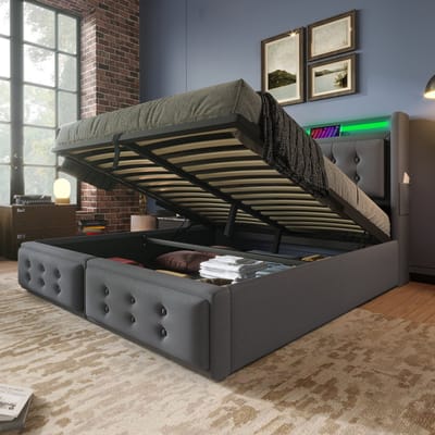 160x200 cm gestoffeerd bed - tweepersoonsbed met LED-verlichting en USB-C oplaadfunctie - met opbergruimte - grijs - zonder matras