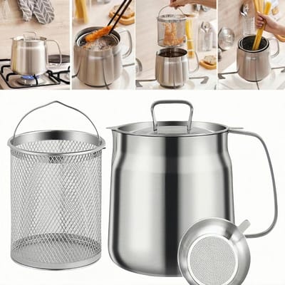 Frituurpan - Filterkan - Scheidt vetresten - Frituurpan van roestvrij staal met mand en zeef - Grote capaciteit Geschikt voor keuken, frituren, koken, kamperen, zware oliefiltercontainer - Vaatwasserbestendig - 68 oz - 2 L - Zilver