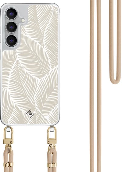 Casimoda® hoesje met beige koord - Geschikt voor Samsung S25 FE - Palm Leaves Beige - Afneembaar koord - TPU/polycarbonaat - Bruin/beige