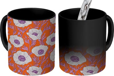 Magische Mok - Foto op Warmte Mokken - Koffiemok - Bloemen - Grafisch - Oranje - Magic Mok - Beker - 350 ML - Theemok