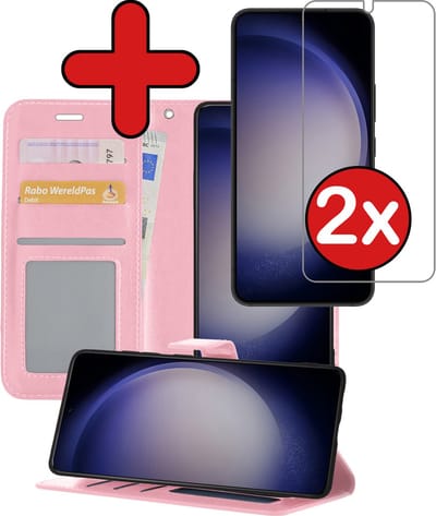 Hoesje - Met 2x Screenprotector - Geschikt voor Samsung Galaxy S23 - Luxe Pasjeshouder - Flip Case - Bookcase Portemonee - Kunstleer Book Case - Flipcase Hoes - Book Cover - Walletcase - Portemonneehoes - Telefoonhoes - Lichtroze