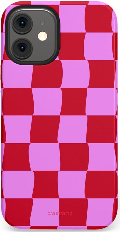 Casetastic hoesje geschikt voor Apple iPhone 12 Mini - Dubbellaagse bescherming - Dansend Ruitje - Fashion Case - Rood Lavendel Roze