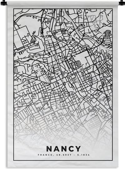 Wandkleed - Wanddoek - Stadskaart - Nancy - Plattegrond - Kaart - Frankrijk - Zwart wit - 120x180 cm - Wandtapijt