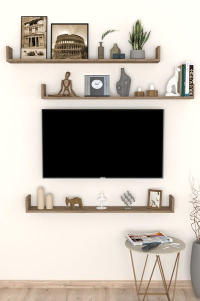 Gold - Tv-Plank - Zwevende wandplank - Wandplank zwevend - Vliegende Plank - Boekenplank - 3 Stuks - Pijnboom