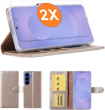 Hoesje geschikt voor Samsung Galaxy S26 Plus 5G hoesje Goud pasjeshouder telefoon hoes - Met screenprotector tempered glass voor Galaxy S26 Plus 5G - 2x