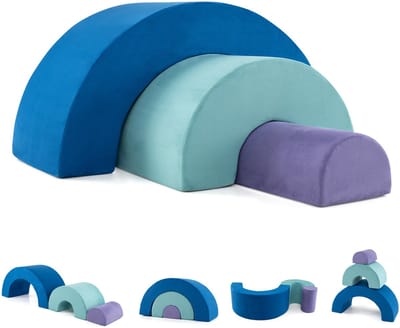 COSTWAY 3-delige zachte bouwstenen, schuimbouwstenen voor klimmen en kruipen voor baby's, klimboog, reuzenbouwstenen van schuim, grote bouwstenen voor gebruik binnenshuis (blauw)