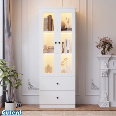 Gutent LED Vitrinekast-Wit Mat-Hoogte 165cm-Met USB Aansluiting-2 Laden-Glazen Vitrinekast-Met Verstelbare Planken-Scharnierende Deur-MDF