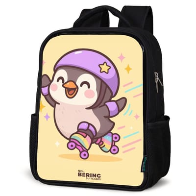NoBoringSuitcases.com® - Rugzak zwart - Schooltas jongen & meisje - Pinguïn op rolschaatsen - Rugtas voor school - Boekentas kind - Schoolrugzak - Kinderrugzak