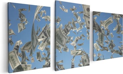 Artaza Canvas Schilderij Drieluik Dollarbiljetten in de Lucht - Geld - 120x60 - Foto Op Canvas - Canvas Print