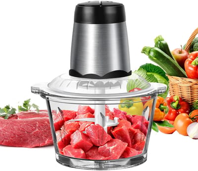 Velori Hakmolen Elektrisch 300W Glazen Kom 2L - Food Chopper - Groentesnijder - 4 RVS Messen - 2 Snelheden - Vleesmolen - Kruiden Groenten Noten Vlees - Afneembaar