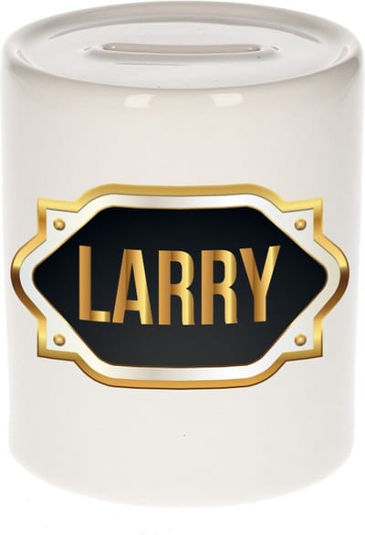Spaarpot met voornaam Larry - wit - met goud/zwart embleem - 8 x 9 cm - keramiek - met afsluitdop - cadeau verjaardag