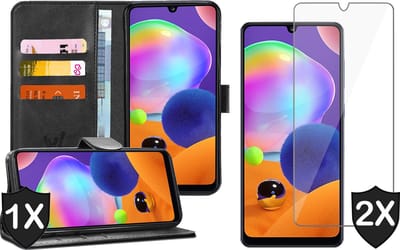 Hoesje geschikt voor Samsung Galaxy A31 - 2x Screen Protector GlassGuard - Book Case Kunstleer Pasjeshouder Zwart & Screenprotector