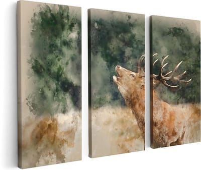 Artaza Canvas Schilderij Drieluik Hert Aquarel - Abstract - 120x80 cm - Wanddecoratie Woonkamer - Schilderijen - Muurdecoratie