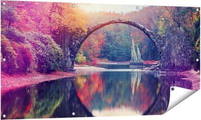 Gards Tuinposter Rakotz Brug in Duitsland in de Herfst - 140x70 cm - Tuindoek - Tuindecoratie - Wanddecoratie buiten - Tuinschilderij