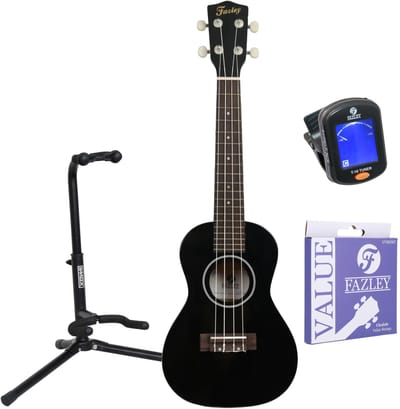 Concert-ukelele - incl. tuner, snaren, standaard, tas - Fazley K23B-W - Zwart