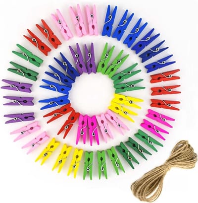 150 Stuks Mini Houten Klemmetjes met Touw voor Foto's, Kaarten en Knutselwerk