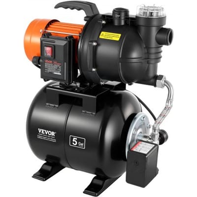 VEVOR Huishoudelijk Waterleidingsysteem 735 W, 3785 l/u Jetpomp met 19 l drukvat, 39 m opvoerhoogte, incl. filter, terugslagklep en kunststof pompkop, voor automatische tuinirrigatie en huishoudelijke watervoorziening.