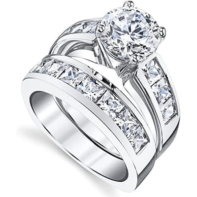 Huitan Rond/Princesse Zircone Cubique Ensemble 2 Pièces Bagues Femmes Luxe Fiançailles Mariage Accessoires Couleur Argent Nouvelle Bijouterie de Mode 7 gray