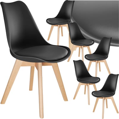 tectake® Eetkamerstoel Frederikke - Set van 6 Eetkamerstoelen met Gevoerde Stoffen Zitting - Massief Houten Poten - Ergonomische Stoelen geschikt voor Woonkamer, Eetkamer, Slaapkamer en Keuken - Draagkracht 120kg - Zwart