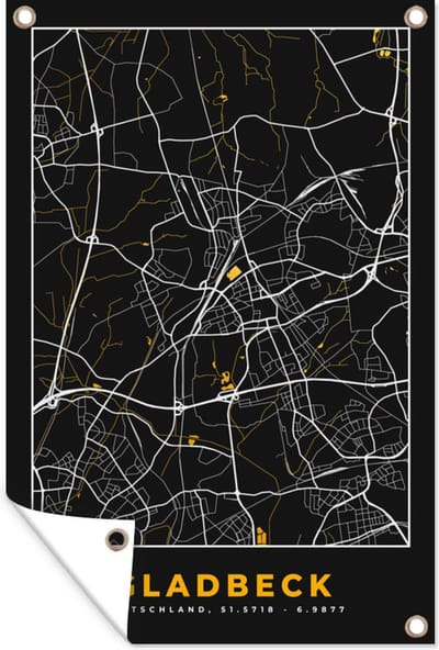 Muurdecoratie Duitsland – Black and Gold – Gladbeck – Stadskaart – Kaart – Plattegrond - 120x180 cm - Tuinposter - Tuindoek