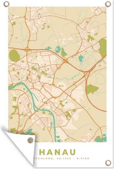Muurdecoratie Kaart - Hanau - Plattegrond - Vintage - Stadskaart - 120x180 cm - Tuinposter - Tuindoek