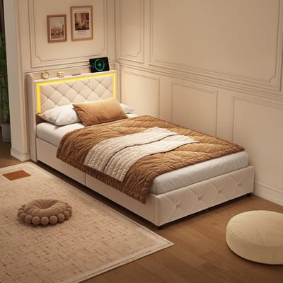 Gasveerbed 90x200 cm met LED-verlichting en USB, met opbergruimte onder het bed – comfortabel voor lezen, relaxen en opbergen – Beige