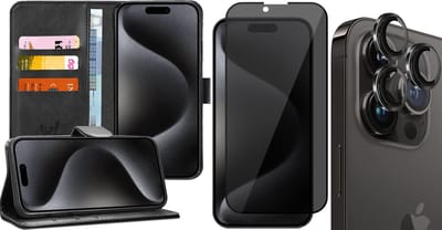 Hoesje geschikt voor iPhone 15 Pro - Privacy Screenprotector FullGuard & Camera Lens Screen Protector Zwart - Book Case Kunstleer Pasjeshouder Zwart
