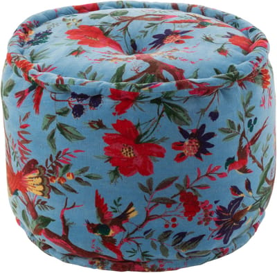 J-Line poef Rond Vogels Bloemen - katoen/fluweel - blauw