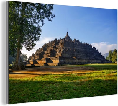 Aluminium schilderij 180x120 cm - Wanddecoratie metaal - Helder blauwe lucht boven de Borobudur in Indonesië - Metalen muurdecoratie woonkamer - Decoratie industrieel - Foto op dibond - Industriële accessoires slaapkamer