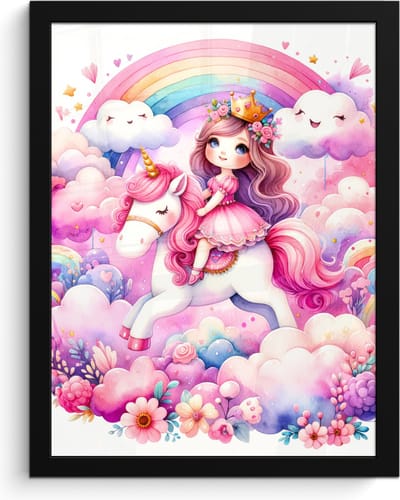 Poster in lijst - Fotolijst 30x40 cm - Posters - Eenhoorn - Prinses - Unicorn - Roze - Regenboog - Posterlijst zwart - Kamer decoratie - Wanddecoratie kinderkamer - Muurdecoratie babykamer