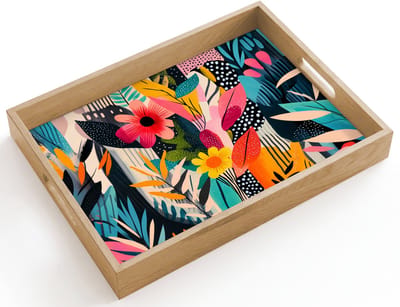Dienblad hout 40x30 cm - Schootdienblad - Schilderij - Abstract - Bloemen - Roze - Borrelplank rechthoek - Plateau dienbladen