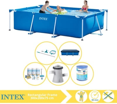Intex Rechthoekig Frame Zwembad - 300 x 200 x 75 cm - Blauw - Inclusief Afdekzeil - Onderhoudspakket - Zwembadfilterpomp - Filter - Schoonmaakset - 6-delig