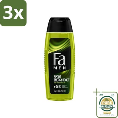 3 x Fa Men - Sport Energy Boost - Doucemiddel - Voor Lichaam, Haar & Gezicht - 250 ml - Grootverpakking - Sport Energie - Frisheid - Lichaam Reinigen - Haar Verzorgen - Gezicht Verzorgen