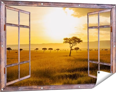 Gards Tuinposter Doorkijk Zonsondergang in de Savanne - 120x80 cm - Tuindoek - Tuindecoratie - Wanddecoratie buiten - Tuinschilderij