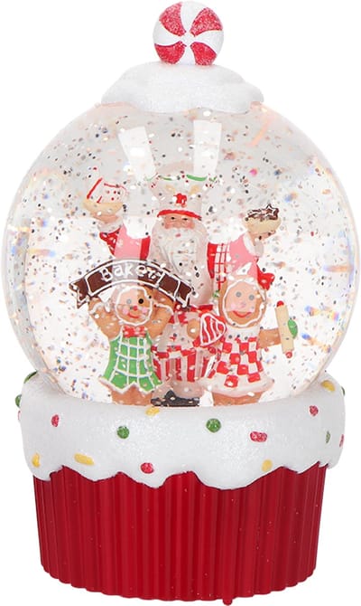 Viv! Christmas Kerst Sneeuwbol incl. LED - Santa's Bakery met Gingerbread Bakkers - automatisch - rood wit - 19cm