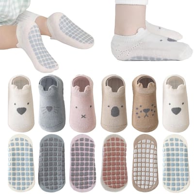 Dailygoods- Enkelsokken Antislip - Baby Sokken 6 Paar - Ademend Katoen - Rekbaar Materiaal - Huidvriendelijk - Grips Onderkant - Babysokken