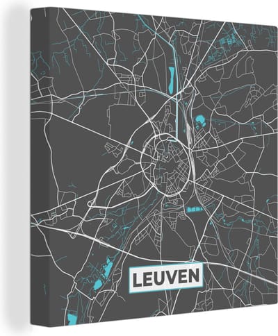 Canvas Schilderij België – Leuven – Stadskaart – Kaart – Blauw – Plattegrond - 20x20 cm - Wanddecoratie