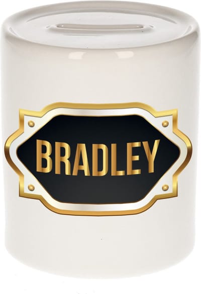 Spaarpot met voornaam Bradley - wit - met goud/zwart embleem - 8 x 9 cm - keramiek - met afsluitdop - cadeau verjaardag