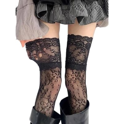 Dames Sexy Kantrand Nylon Visnet Kousen Retro Bloemig Zoet Gaas Ademend Dijhoog Lang Sokken Jk Over de Knie Sokken One Size