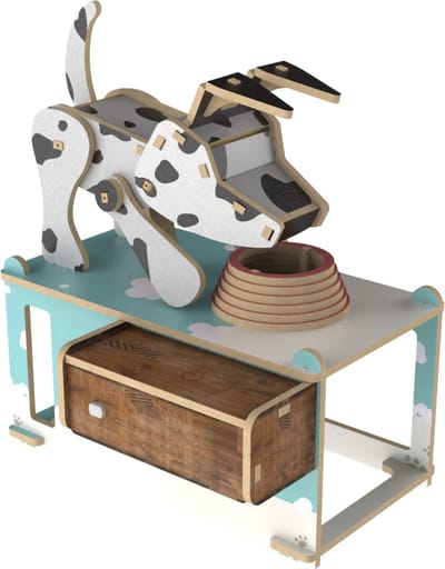 3D Houten Bouwpakket Hond bij Voerbak – Mechanische Puzzel – 53 Onderdelen, 12,5x13x13,5cm